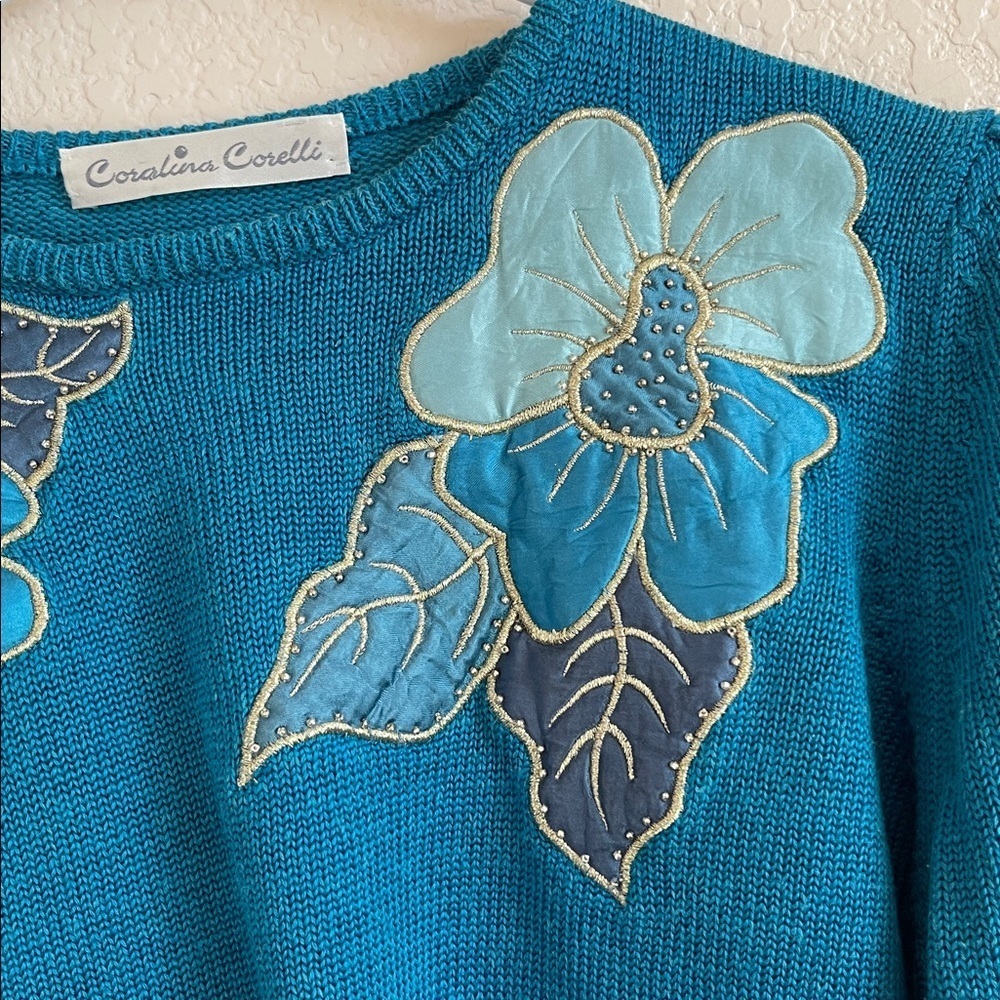 Teal Sweater with Floral Embroidery - Picture 6 of 6